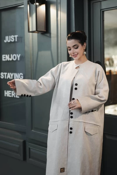 عباية مع طقم داخلي باللون البيج بخام لينن الطبيعي C:j1021 Beige set